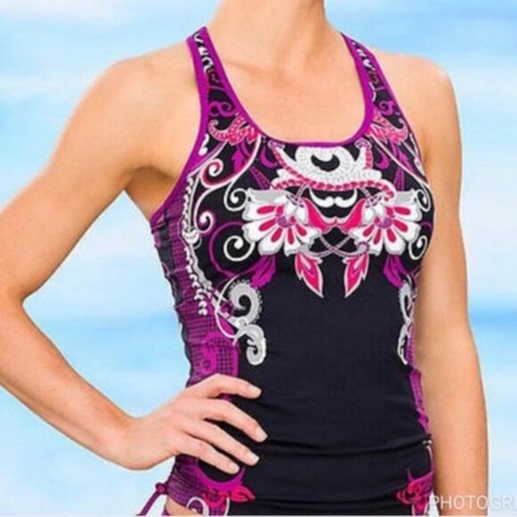 Athleta Black Purple Print Racerback Tankini Swimsuit Top Sz L - Picture 1 of 4